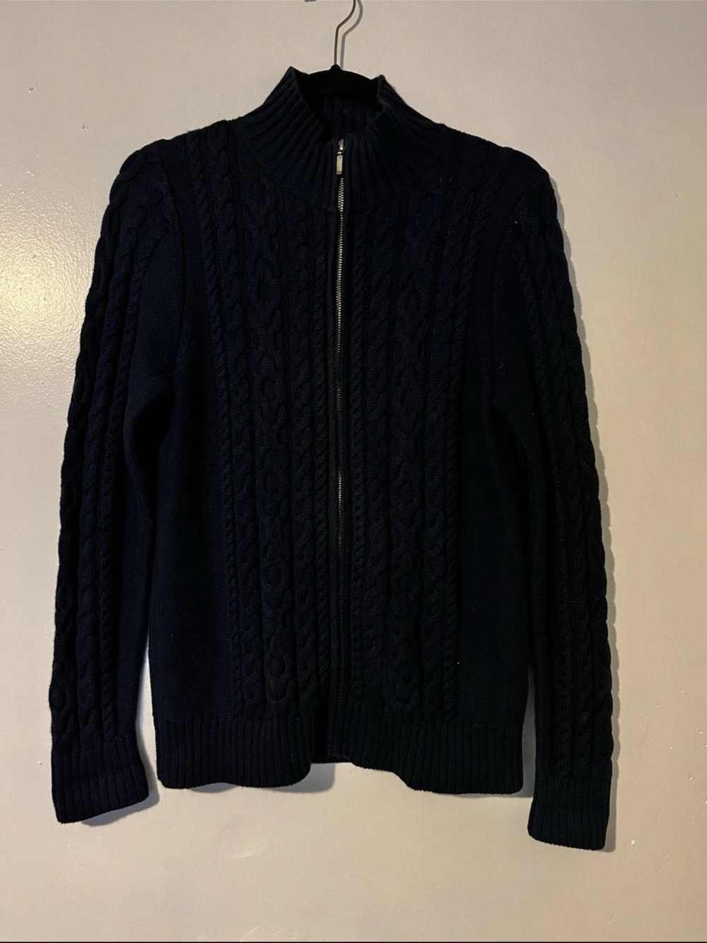 VTG L.L. Bean Navy Cable-Knit Full Zip Sweater